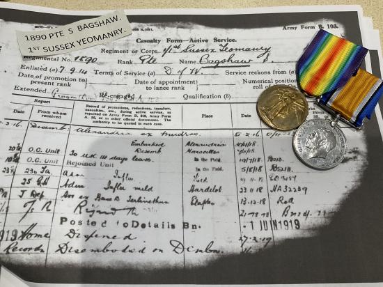 WW1 pair; 1890 Pte S.BAGSHAW 1/1st Sussex Yeomanry