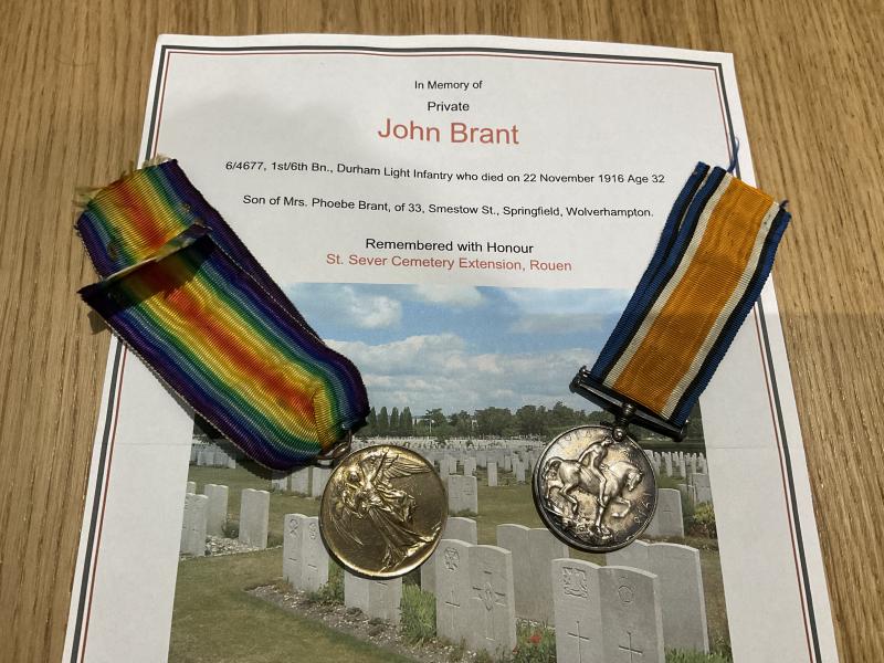 WW1 Casualty pair; J. BRANT 1th/6th Bn, D.L.I
