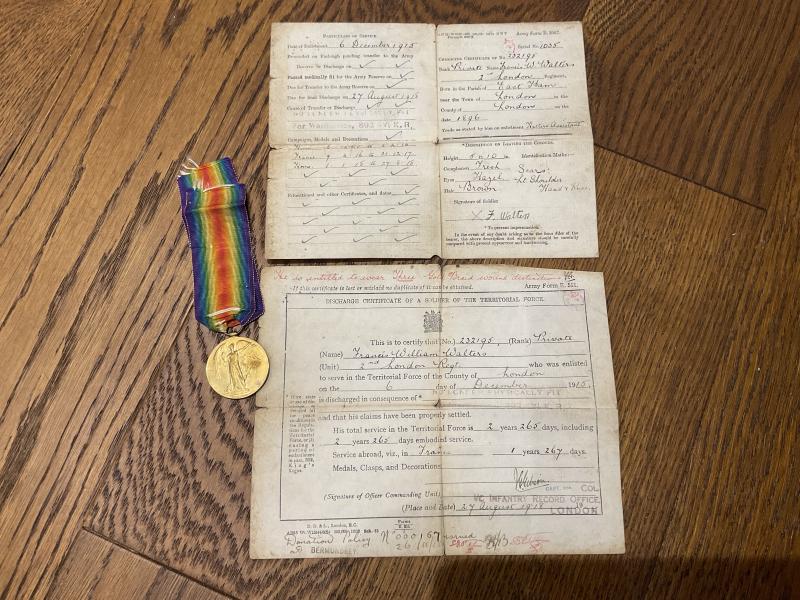 WW1 Victory medal; Pte WALTERS, 2nd LOND, wounded 3 times